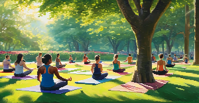 A diverse group of people exercising outdoors in a park, including yoga, weight lifting, and stretching, with bright sunlight and greenery.