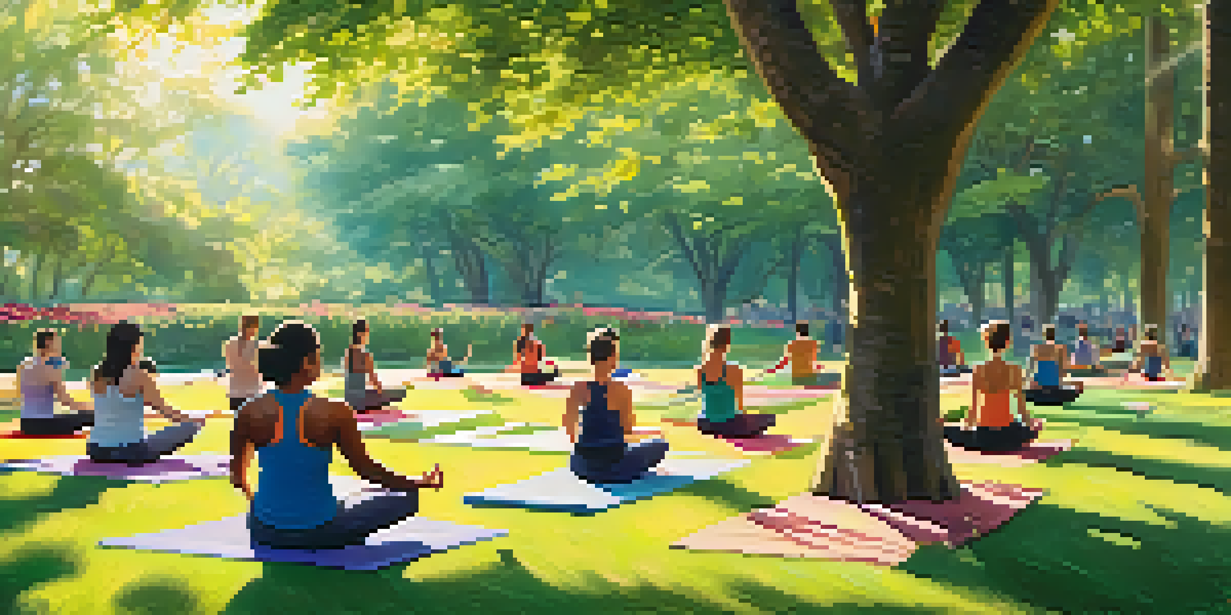 A diverse group of people exercising outdoors in a park, including yoga, weight lifting, and stretching, with bright sunlight and greenery.