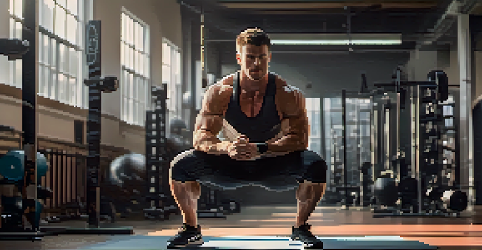 An athlete performing a squat with proper form in a gym, focusing on technique and strength.