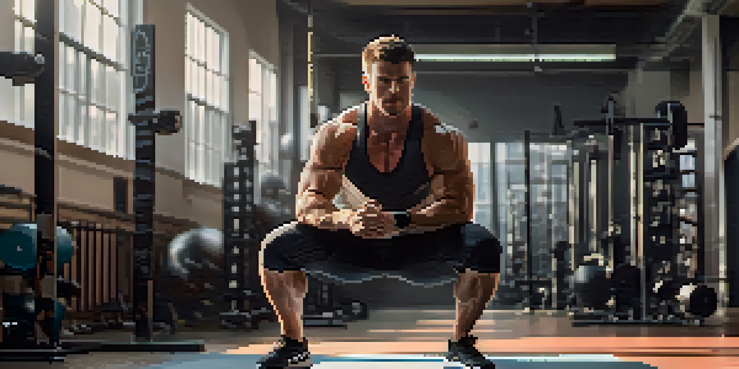 An athlete performing a squat with proper form in a gym, focusing on technique and strength.