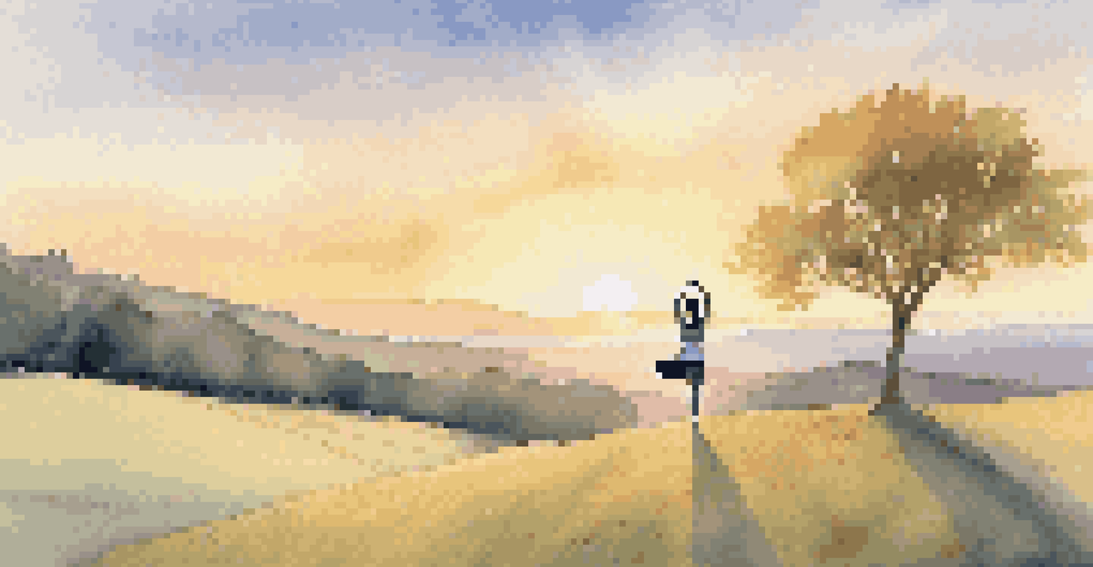 A person practicing yoga in a tree pose on a hilltop at sunrise, with a colorful sky and golden sunlight illuminating the scene.
