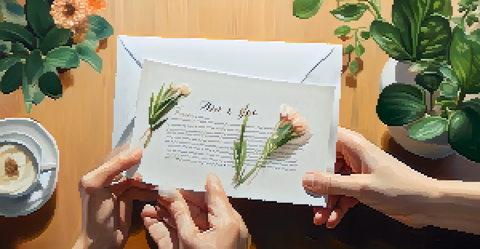 Two hands exchanging a thank-you note in a cozy living room setting.