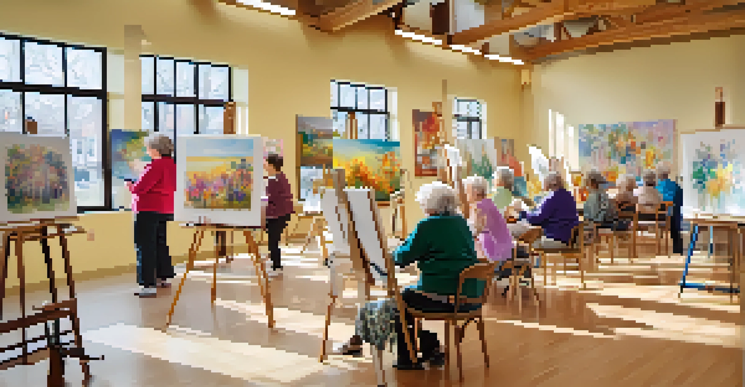 Older adults participating in a painting class at a community center, surrounded by colorful artworks and bright natural light.