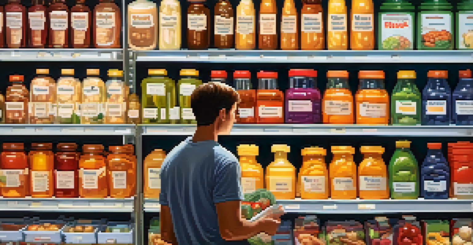 A person reading food labels in a grocery store aisle, showcasing a mindful shopping experience.