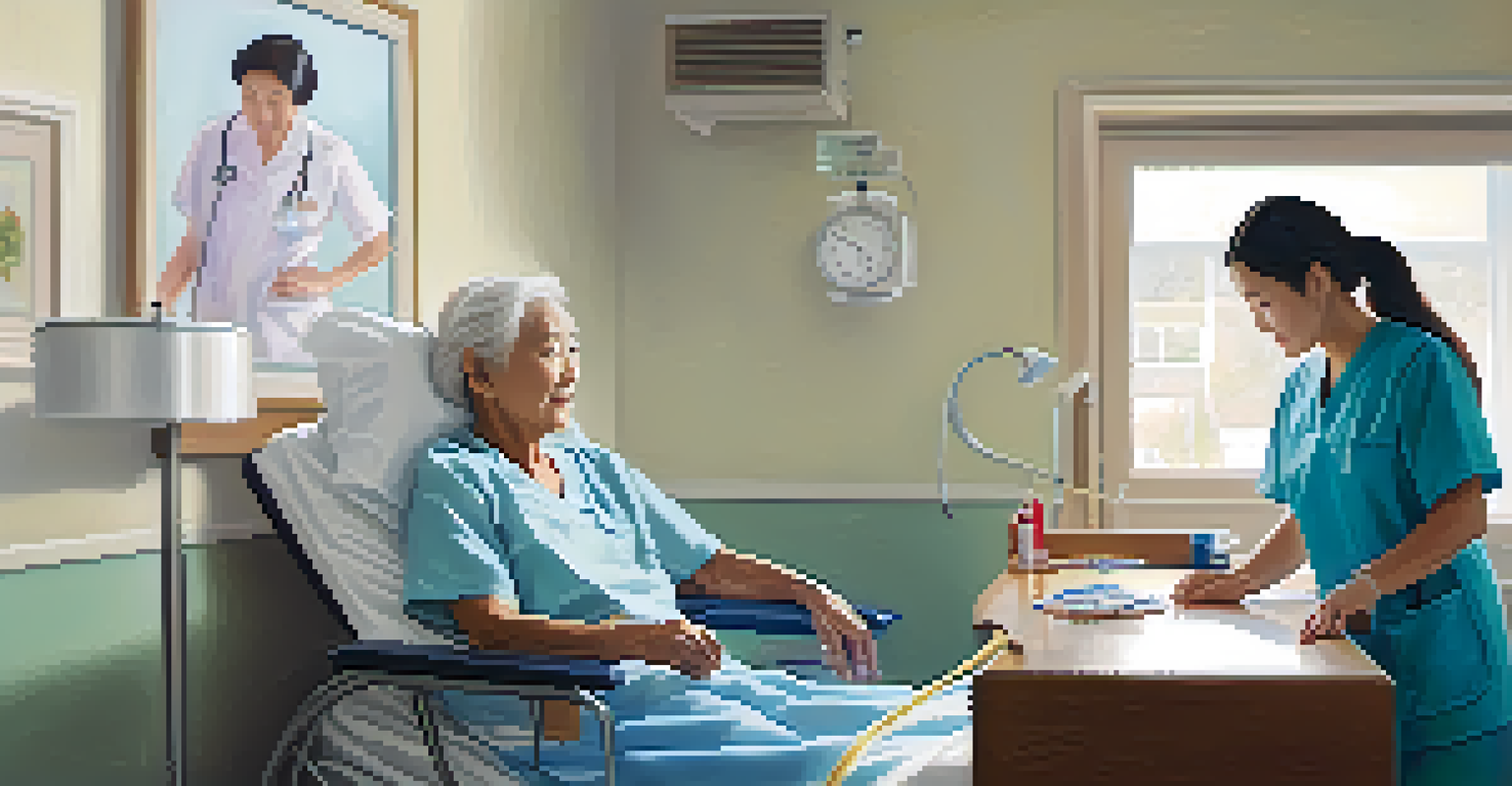 An Asian nurse helping an elderly Caucasian patient in a brightly lit hospital room filled with family pictures.