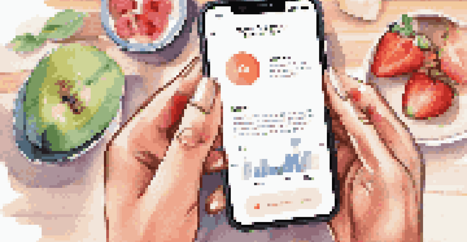 Close-up of a wellness coach's hands holding a smartphone with a wellness app on a bright desk with motivational quotes and healthy snacks.