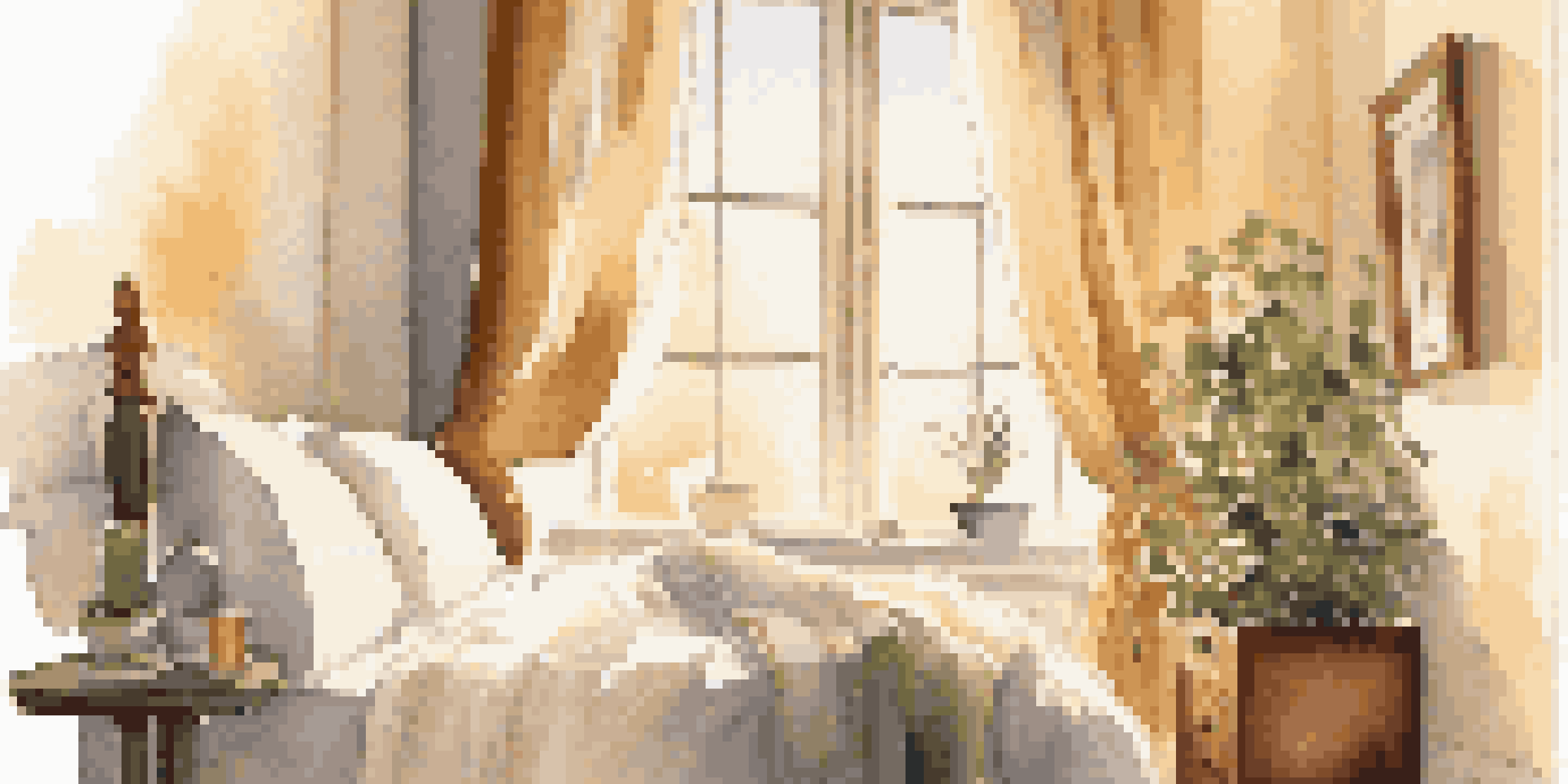 A cozy bedroom with a neatly made bed, fluffy pillows, and warm morning light coming through the window, with a bedside table featuring a clock and a small plant.