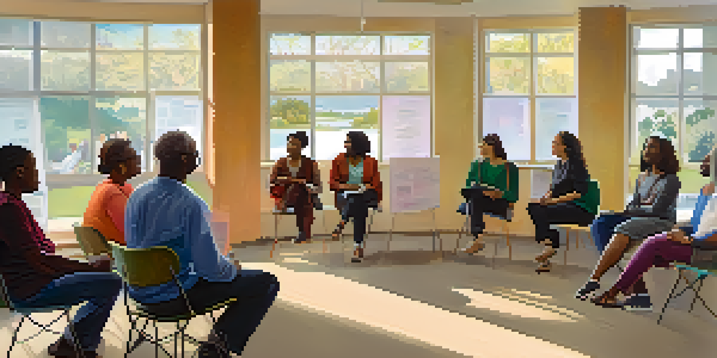 A community workshop with diverse people discussing sleep disorders in a well-lit room filled with colorful posters.