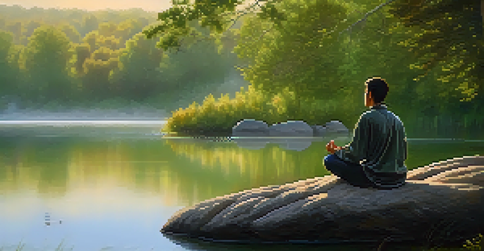 A person meditating by a calm lake at sunrise, surrounded by greenery and mist.