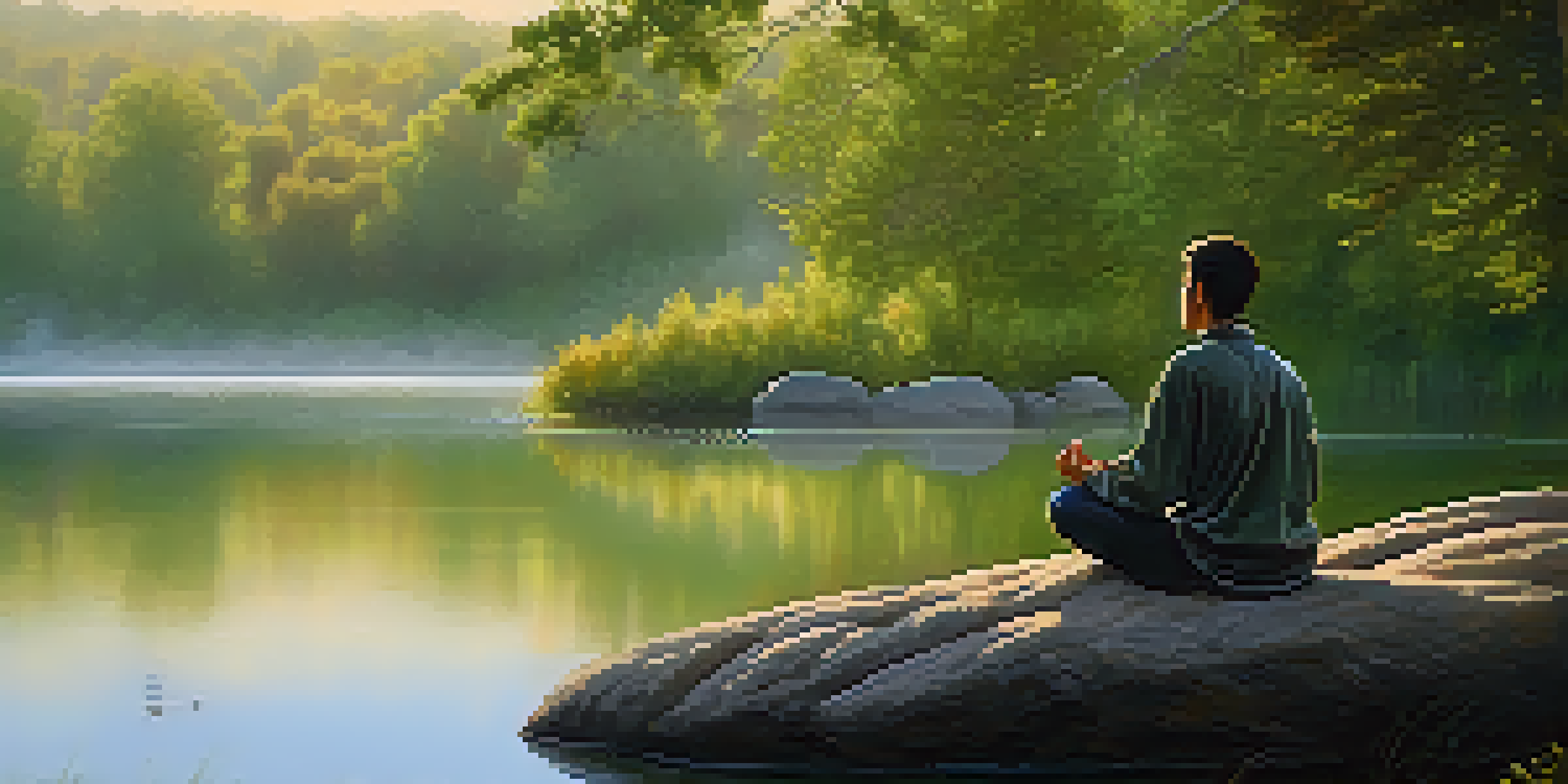 A person meditating by a calm lake at sunrise, surrounded by greenery and mist.