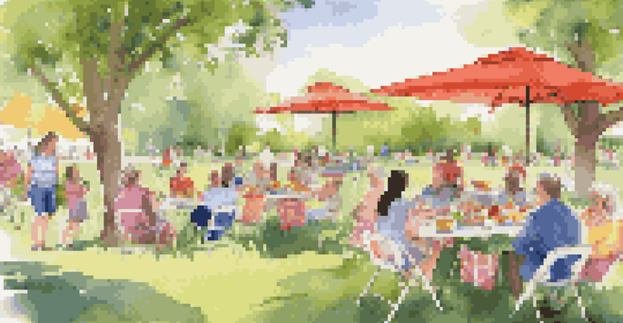 A lively community picnic in a park with families enjoying allergy-friendly foods and engaging in conversations.