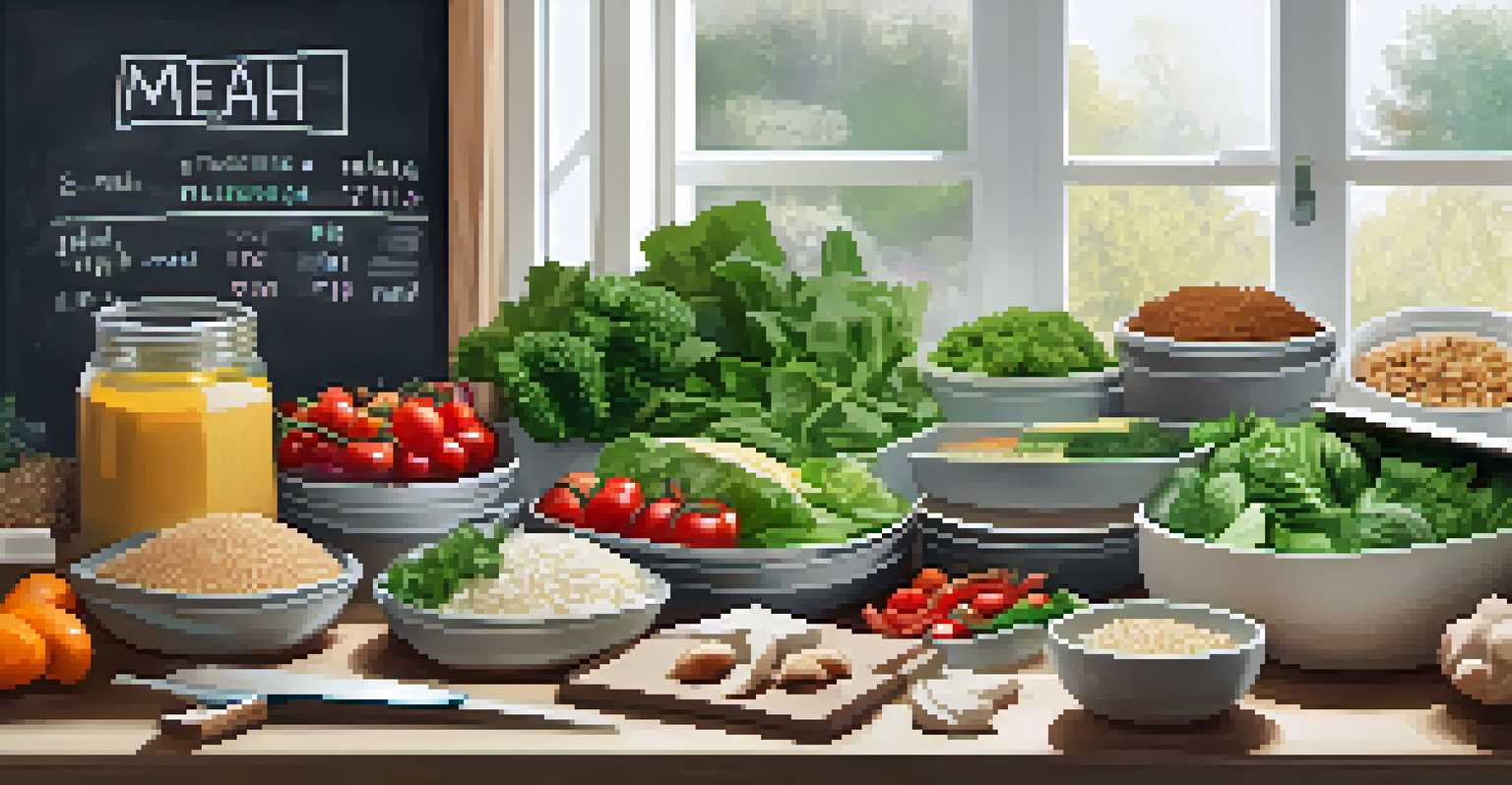 A meal prep area with healthy ingredients arranged neatly, surrounded by a bright and cheerful atmosphere.