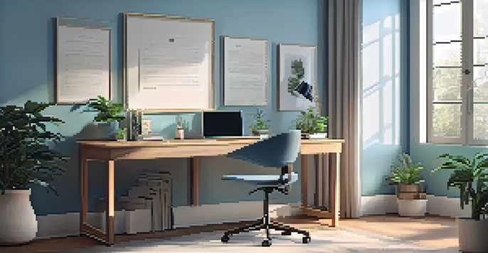 A peaceful home office with a desk, laptop, and plants, illuminated by natural light.