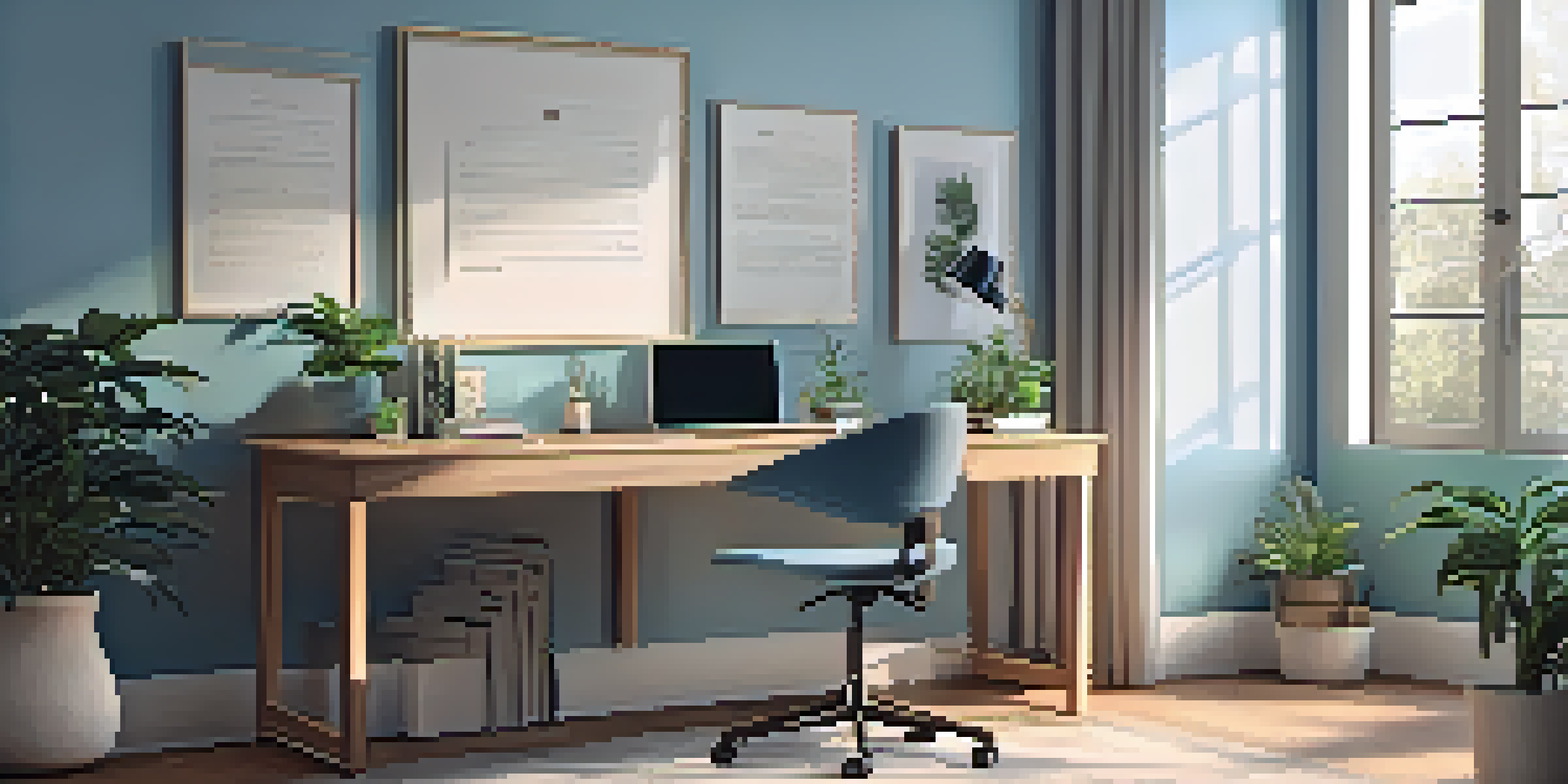 A peaceful home office with a desk, laptop, and plants, illuminated by natural light.