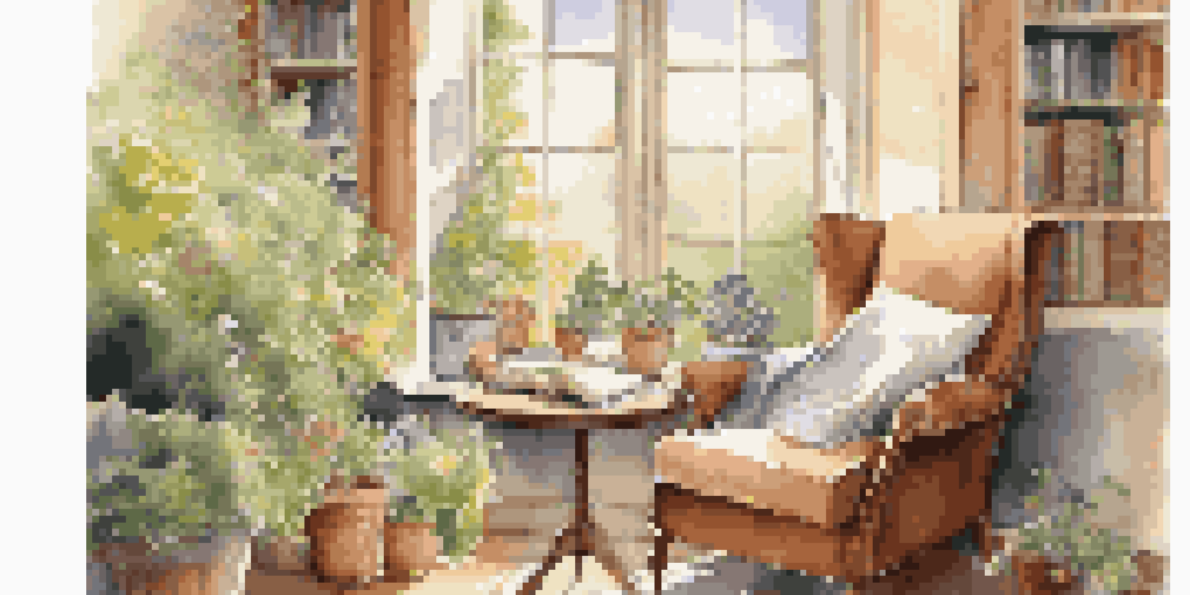 A cozy reading nook with sunlight streaming through a window, a comfortable armchair with a throw blanket, a cup of tea on a table, and a view of a blooming garden outside.