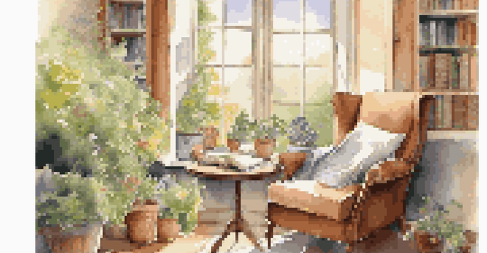 A cozy reading nook with sunlight streaming through a window, a comfortable armchair with a throw blanket, a cup of tea on a table, and a view of a blooming garden outside.