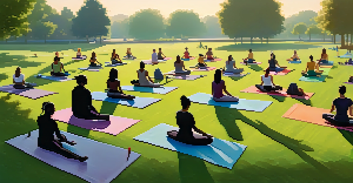 A group of people practicing yoga in a park at sunrise, with colorful mats on the grass and a peaceful ambiance.