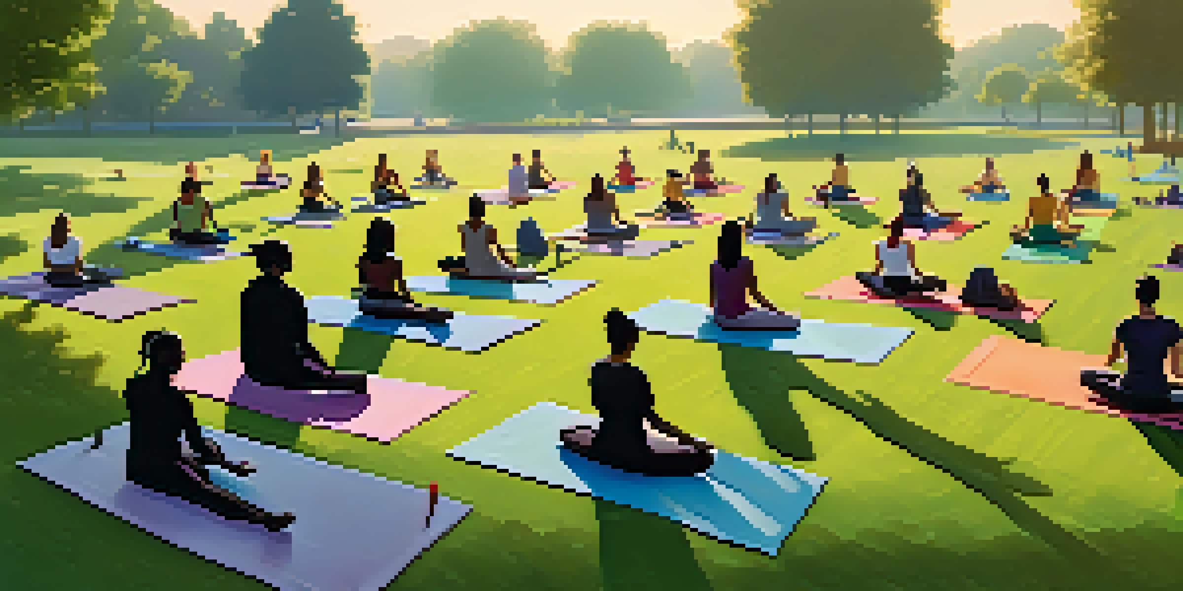 A group of people practicing yoga in a park at sunrise, with colorful mats on the grass and a peaceful ambiance.
