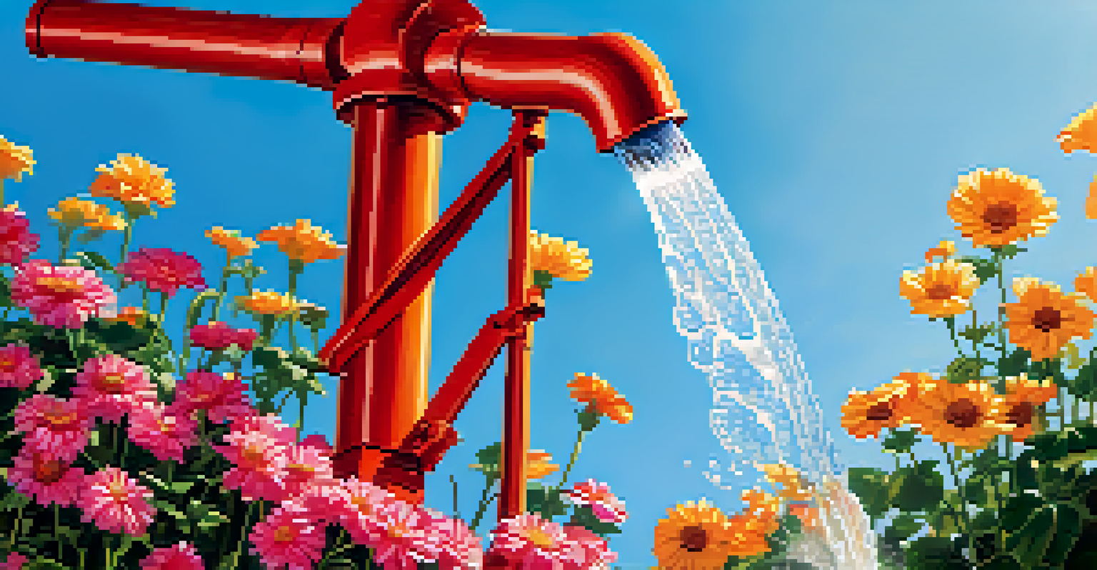 A solar-powered water pump with clear water flowing into a tank, surrounded by a bright blue sky and flowers.
