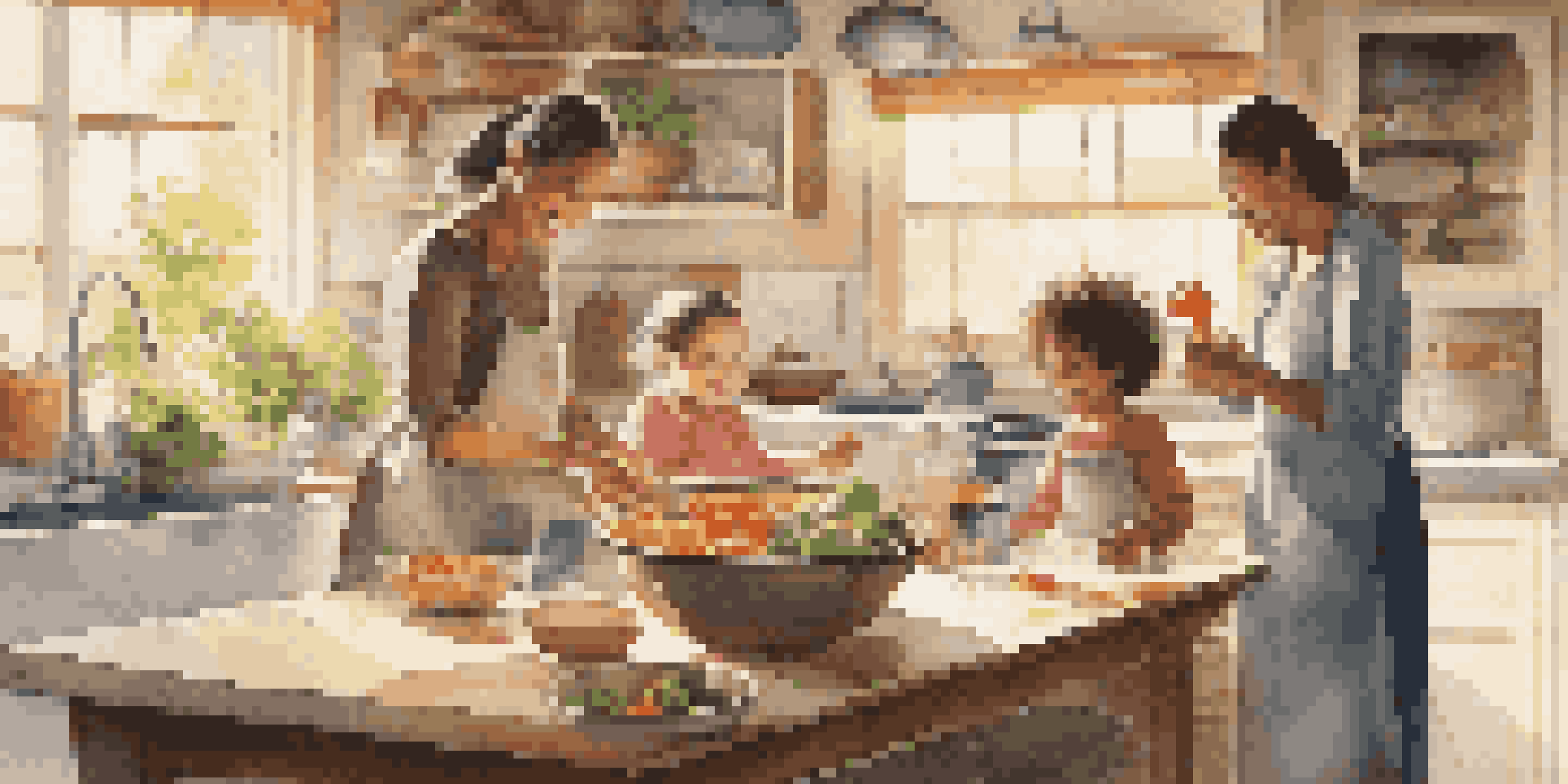 A family happily cooking together in a bright kitchen filled with fresh ingredients and sunlight.