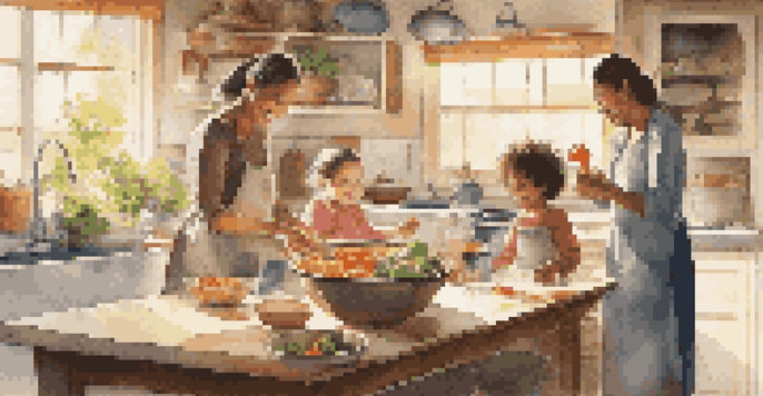 A family happily cooking together in a bright kitchen filled with fresh ingredients and sunlight.