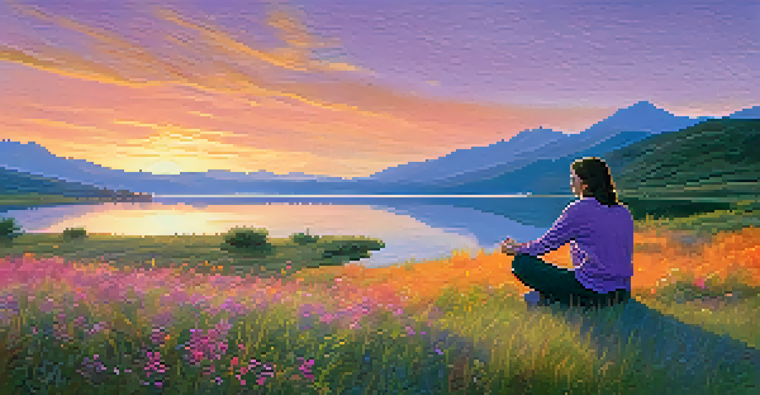 A person meditating on a grassy hill overlooking a lake at sunset, surrounded by wildflowers and mountains.