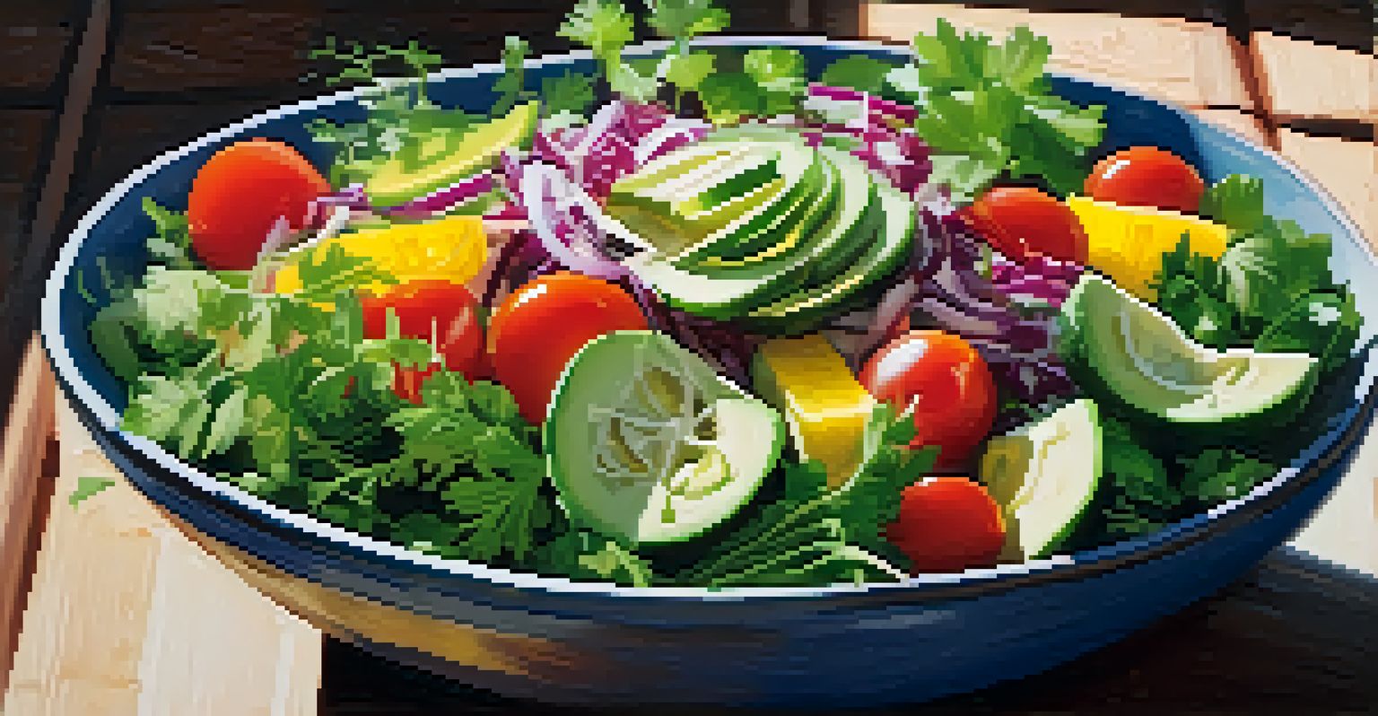 A close-up view of a refreshing salad with cilantro and parsley, featuring avocado, cherry tomatoes, and cucumber in a rustic bowl.