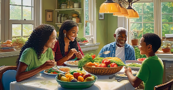 A family enjoying a healthy meal together at a dining table, surrounded by fresh fruits and vegetables.