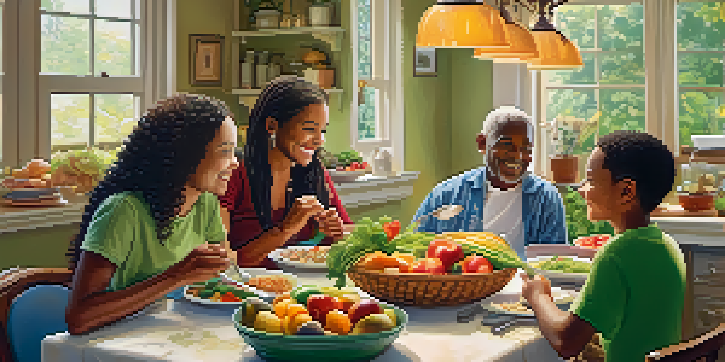 A family enjoying a healthy meal together at a dining table, surrounded by fresh fruits and vegetables.
