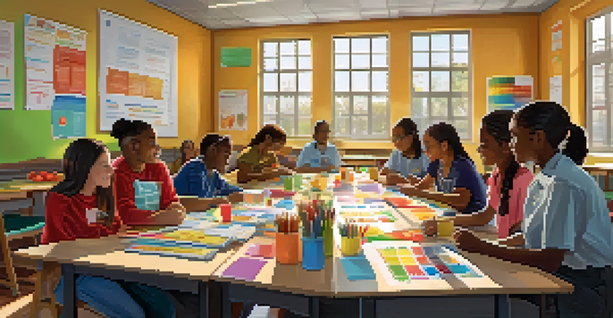 A classroom filled with diverse students working together on health literacy projects, surrounded by educational posters and bright sunlight.