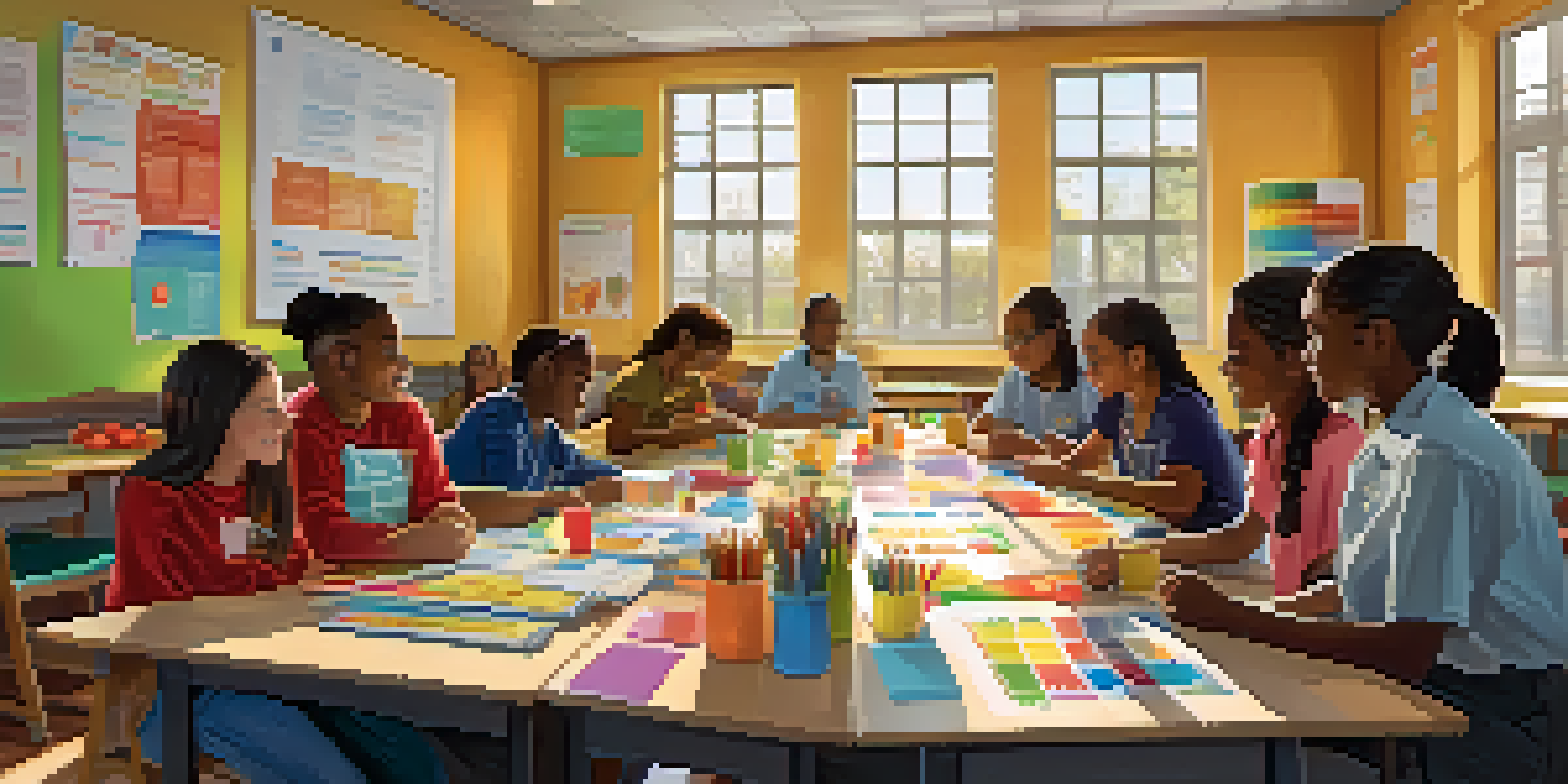 A classroom filled with diverse students working together on health literacy projects, surrounded by educational posters and bright sunlight.