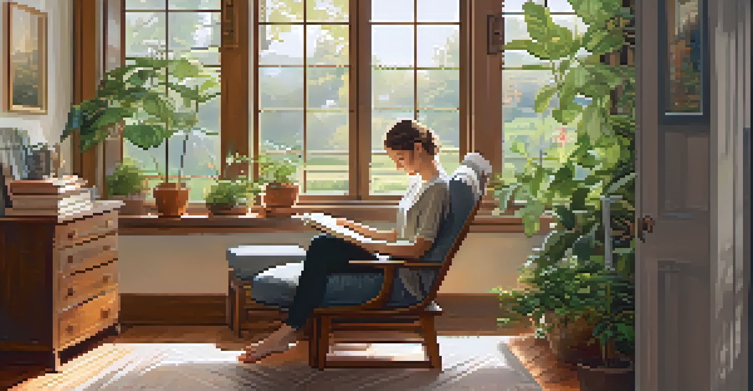 A person sitting in a cozy room, meditating with a smile, surrounded by plants and warm light from the window.