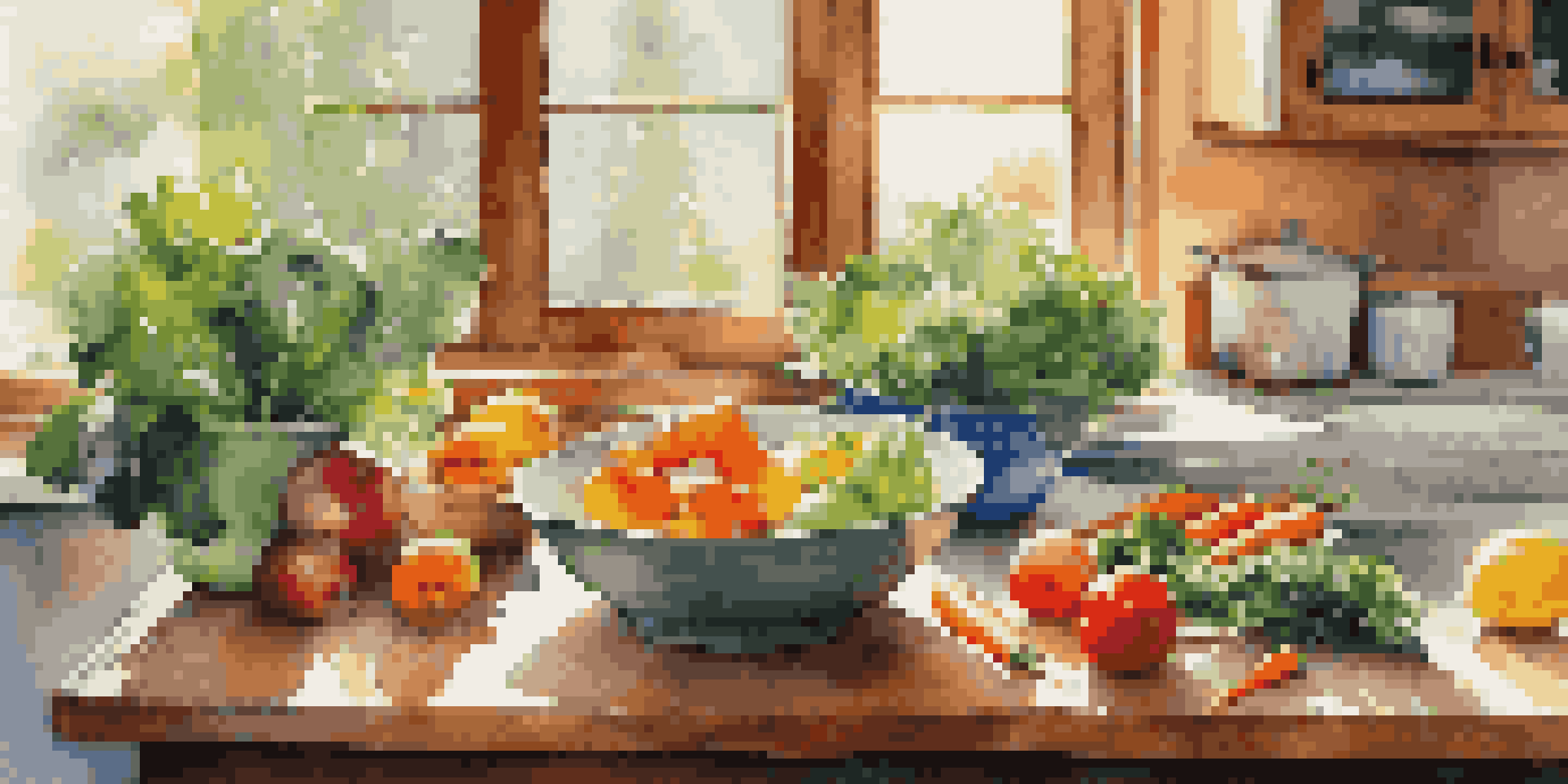 A bright kitchen with fresh vegetables and fruits laid out for meal preparation, illuminated by sunlight.