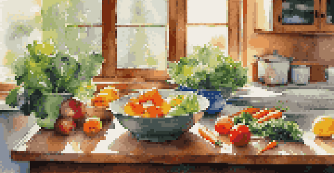 A bright kitchen with fresh vegetables and fruits laid out for meal preparation, illuminated by sunlight.