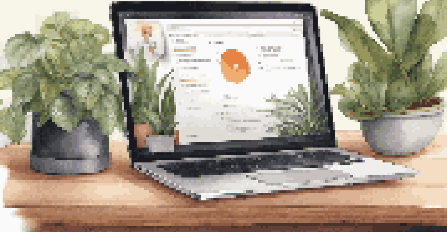 A close-up of a laptop displaying a digital feedback platform surrounded by plants and a coffee cup on a wooden desk.