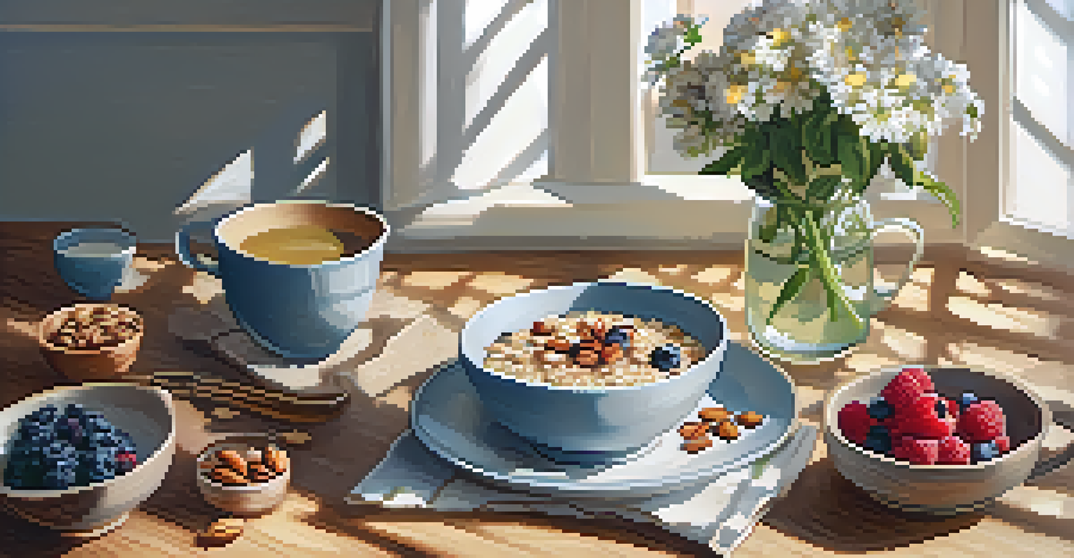 A cozy kitchen table set for mindful eating with oatmeal, tea, and fresh flowers.