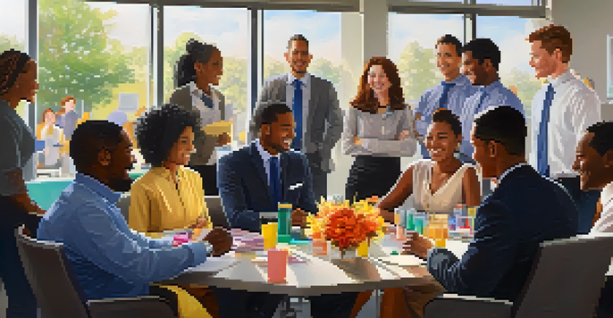 A diverse group of employees celebrating during a recognition ceremony in a bright office environment.