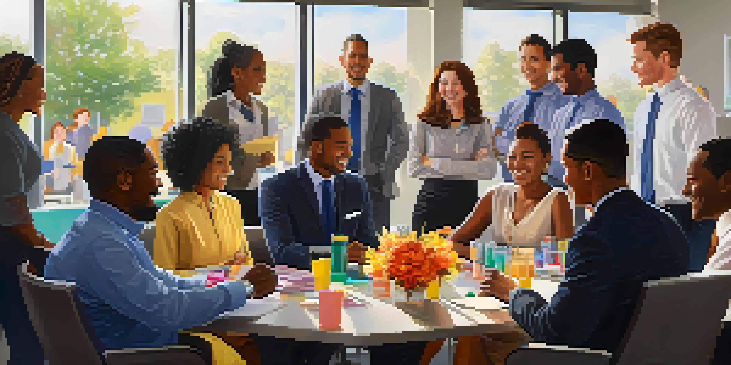A diverse group of employees celebrating during a recognition ceremony in a bright office environment.