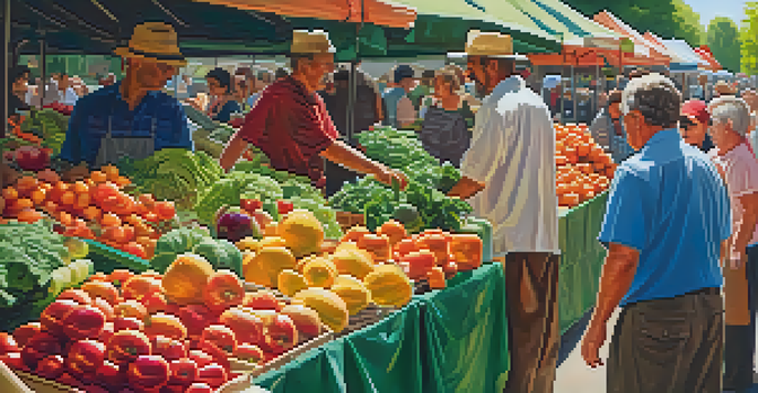 A busy farmer's market with diverse people shopping for fresh seasonal produce under sunlight, featuring colorful fruits and vegetables.