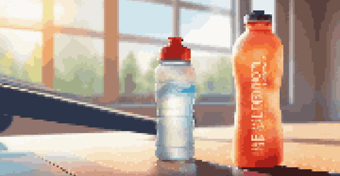 A close-up of a colorful sports water bottle and a blurred athlete running in the background, emphasizing the importance of hydration in fitness.