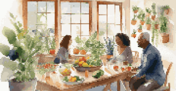 A wellness coach engages with clients in a bright room filled with plants, discussing nutrition plans with fruits and vegetables on the table.