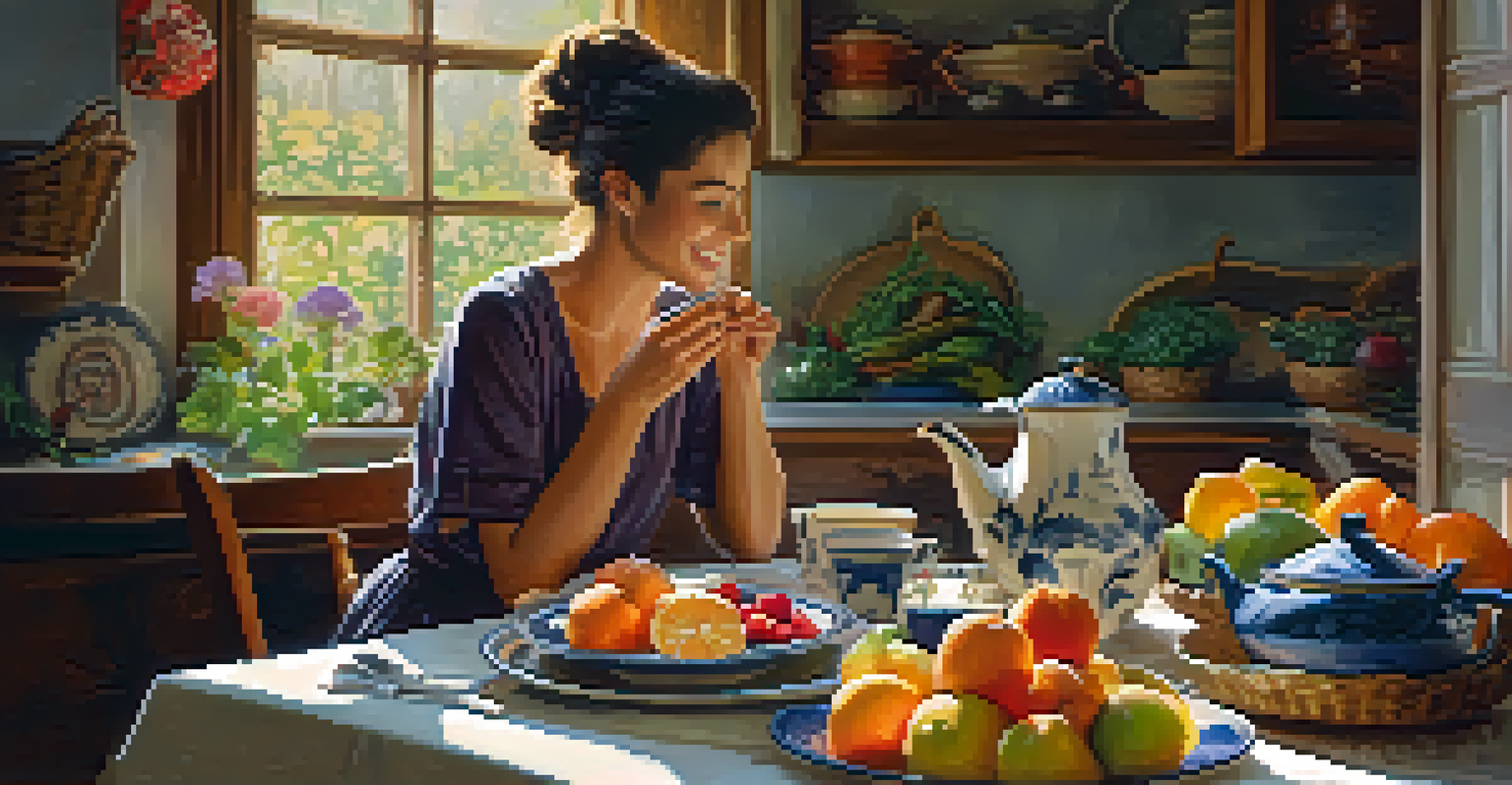 A person enjoying a meal in a cozy kitchen, with fresh fruits and tea on the table, illuminated by warm light.