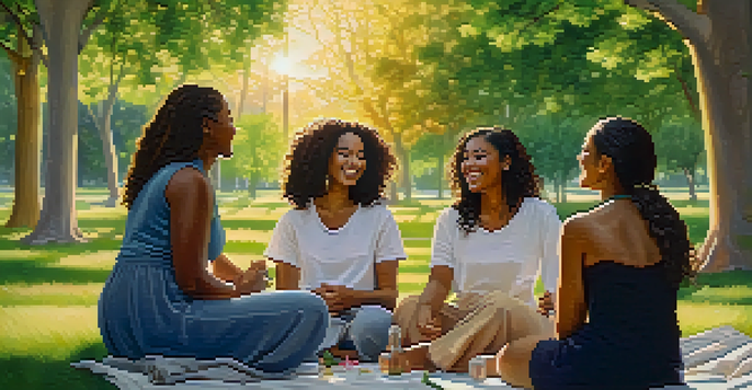 A group of diverse women sitting together in a park, enjoying a warm sunset and sharing laughter.