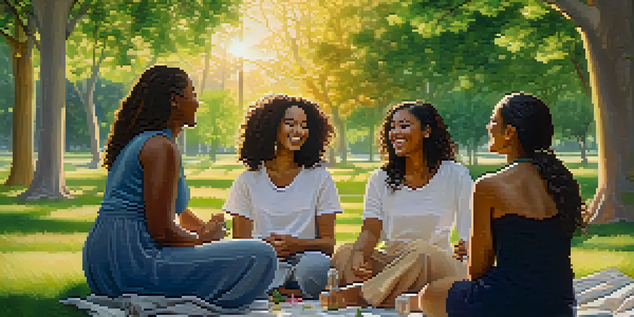 A group of diverse women sitting together in a park, enjoying a warm sunset and sharing laughter.