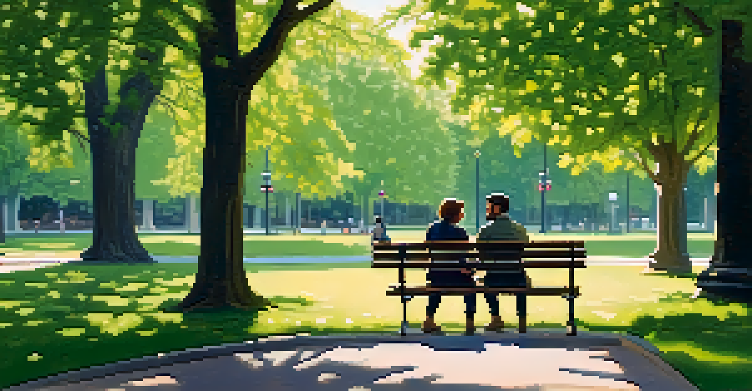 Two people on a park bench having a deep conversation, one showing distress while the other listens with empathy.
