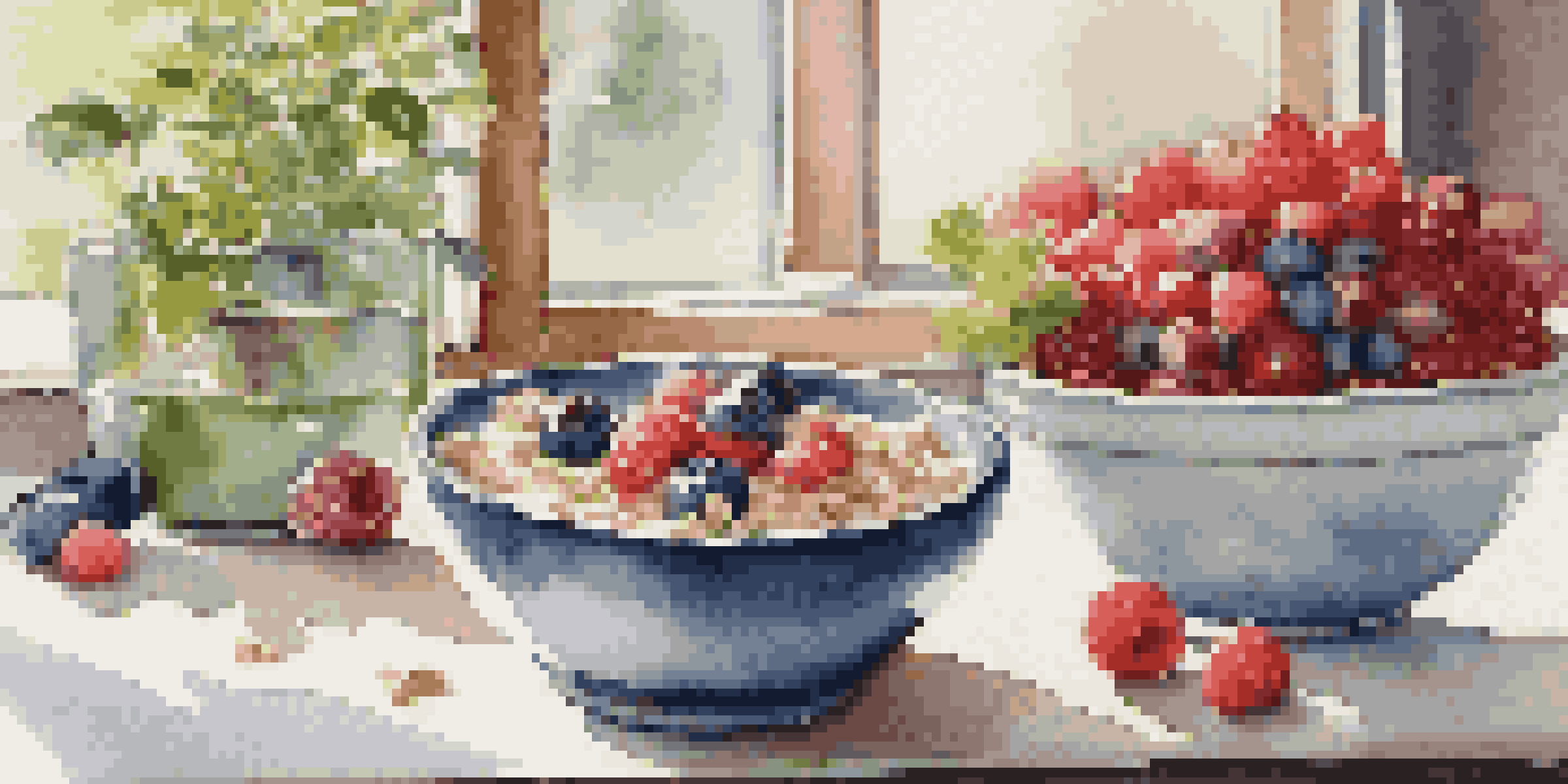 A breakfast table with oatmeal topped with berries and nuts, accompanied by a glass of water with lemon, surrounded by potted plants.