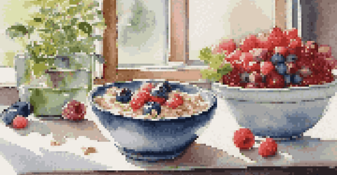 A breakfast table with oatmeal topped with berries and nuts, accompanied by a glass of water with lemon, surrounded by potted plants.