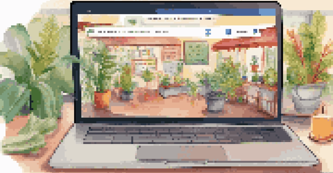 A laptop screen displaying a virtual health fair with colorful banners and interactive booths set in a cozy home environment.