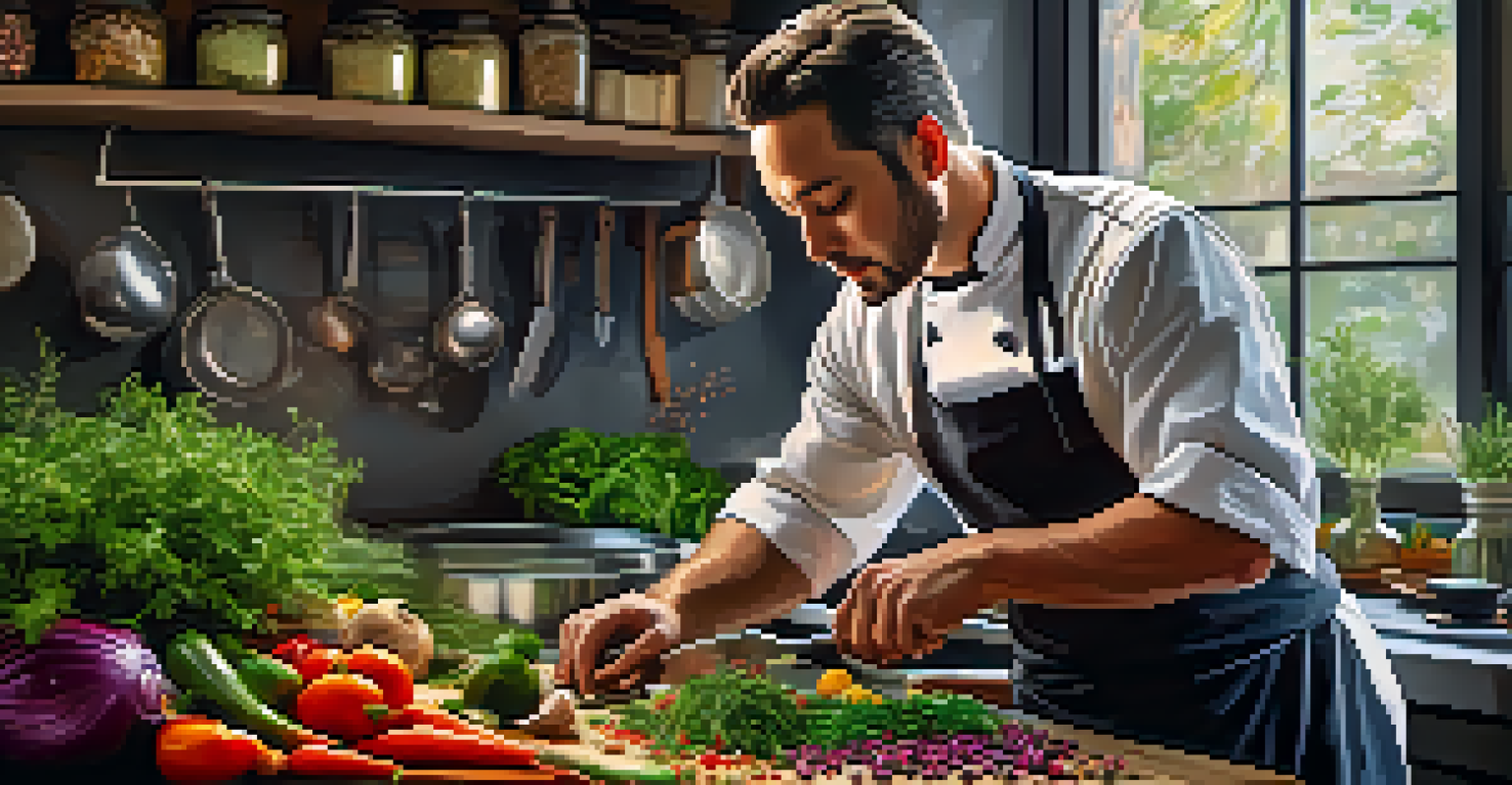 A chef chopping herbs and garlic in a bright kitchen, surrounded by colorful vegetables and spices on a cutting board.