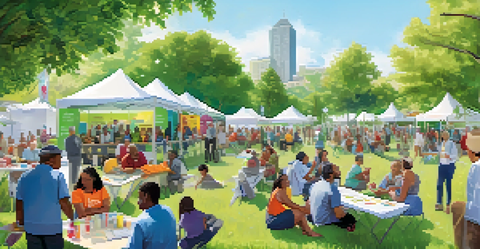 A lively community health event with people discussing vaccinations, health booths, and colorful banners in a sunny park setting.